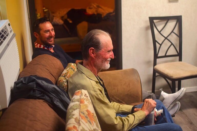 Old friends trading stories in the cabin